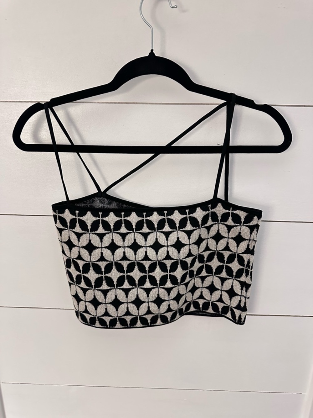 ZARA M Knit 2 Piece Set Crop Cardigan + Strappy Cami Black Cream Geometric Print - Picture 4 of 12